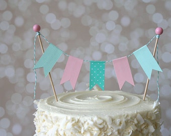 Pink & Aqua Cake Bunting Pennant Flag Cake Topper-MANY Colors to Choose From!  Birthday, Wedding, Shower Cake Topper