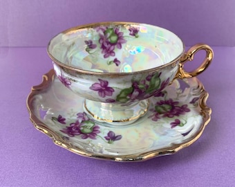 Vintage Purple Violets with Gold Gilt Lustreware Iridescent Footed Tea Cup and Saucer Set | ROYAL SEALY CHINA | Made in Japan