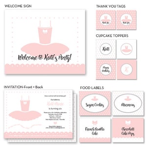 Ballet Ballerina Tutu Tanz Geburtstag Einladung Suite Blush Pink, beinhaltet Essenskarten, Favor Tags, Cake Topper, Cupcake Toppers, Schild