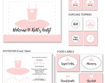 Ballet Ballerina Tutu Dance Birthday Invitation Suite Blush Pink, Includes Food Cards, Favor Tags, Cake Topper, Cupcake Toppers, Sign