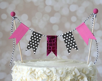 Hot Pink & Black Minnie Mouse Cake Bunting Pennant Flag Cake Topper-MANY Colors to Choose From!  Birthday, Wedding, Shower Cake Topper