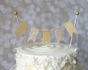 Gold Cake Bunting Pennant Flag Cake Topper- Birthday, Wedding, Baptism, Christening, 50th Wedding Anniversary Shower Cake Topper