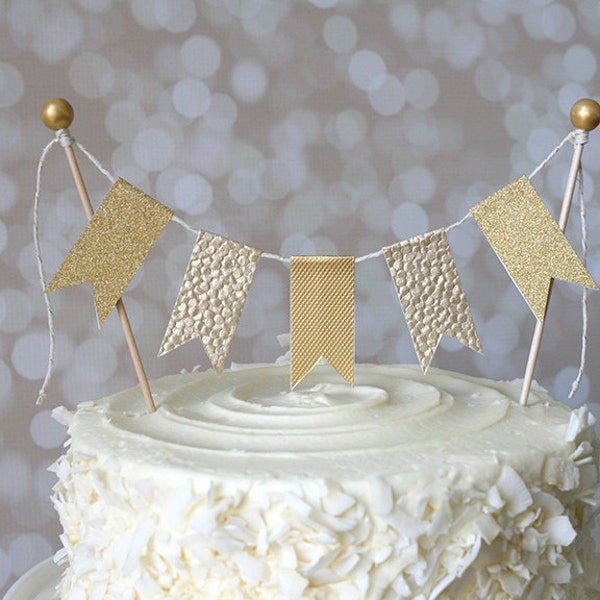 Gold Cake Bunting Pennant Flag Cake Topper- Birthday, Wedding, Baptism, Christening, 50th Wedding Anniversary Shower Cake Topper