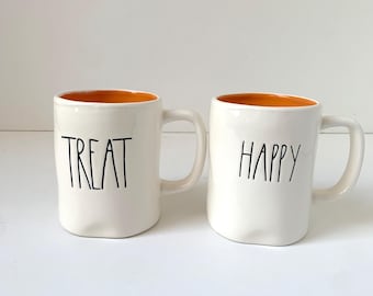 Vintage Rae Dunn Happy Halloween Trick Treat Mug Set Of 2 16 oz Orange Interior