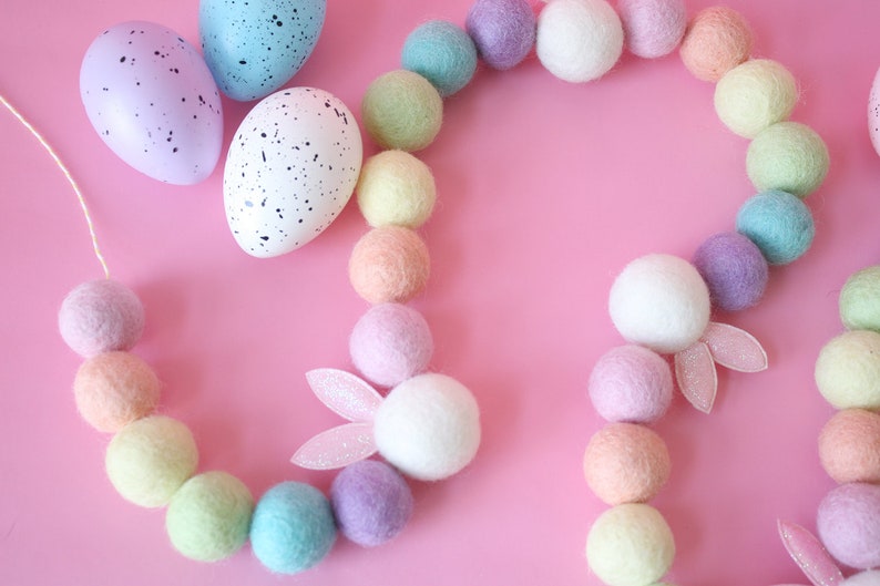 HOPPY EASTER Felt Balls Garland, Pastel Rainbow Bunting, Party Banner-Easter Bunny, Easter Bunnies, Peter Cottontail, Pastel Easter Decor image 8