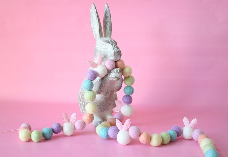 HOPPY EASTER Felt Balls Garland, Pastel Rainbow Bunting, Party Banner-Easter Bunny, Easter Bunnies, Peter Cottontail, Pastel Easter Decor image 2