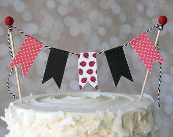 Black & Red Ladybug Birthday Cake Bunting Pennant Flag Cake Topper-MANY Colors to Choose From!  Birthday, Shower Cake Topper