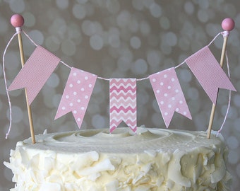Pink Wave/Pink Polka Dot Baby Shower Cake Bunting Pennant Flag Cake Topper-MANY Colors to Choose From!  Birthday, Shower Cake Topper
