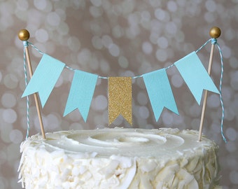 Aqua & Gold Cake Bunting Pennant Flag Cake Topper-MANY Colors to Choose From! Birthday, Wedding, Shower Cake Topper