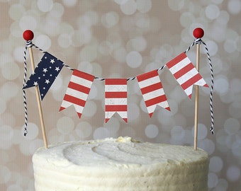 Red, White & Blue American Flag Patriotic 4th of July Cake Bunting Pennant Flag Cake Topper-Birthday, Shower Cake Topper