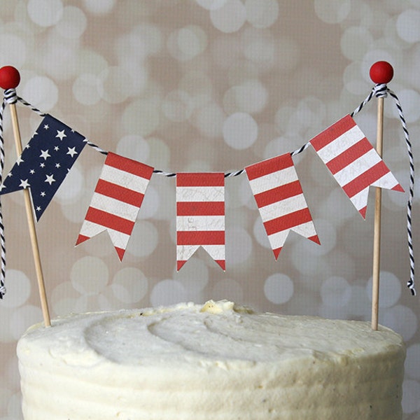 Red, White & Blue American Flag Patriotic 4th of July Cake Bunting Pennant Flag Cake Topper-Birthday, Shower Cake Topper