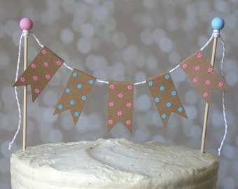 Gender Reveal Pink and Blue Bunting Pennant Flag Cake Topper-Boy & Girl!  Birthday, Wedding, Shower Cake Topper