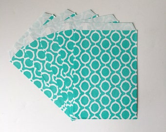 White with Bright Aqua Mod Circle Print Flat Paper Bags | Birthday Party Favor Treat Bags, Breakfast at Tiffany's | Set of 12 | 5"x 7.5"