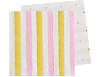 Gold Foil & Pink Stripe Party Paper Beverage Napkins | Baby Bridal Wedding Shower | Set of 20, 5" square | Illume Design