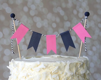 Preppy Nautical Navy Blue & Hot Pink Birthday Cake Bunting Pennant Flag Cake Topper-MANY Colors to Choose From!  Birthday Shower Cake Topper
