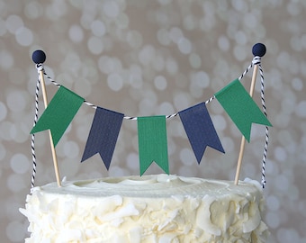 Preppy Nautical Navy Blue & Green Birthday Cake Bunting Pennant Flag Cake Topper-MANY Colors to Choose From!  Birthday, Shower Cake Topper