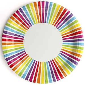 May include: A colorful paper plate with a rainbow stripe design. The plate is white in the center and has a bright rainbow pattern around the edge.