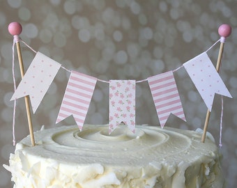 Pink Stripe/Flower/Polka Dot Baby Shower Cake Bunting Pennant Flag Cake Topper-MANY Colors to Choose From!  Birthday, Shower Cake Topper