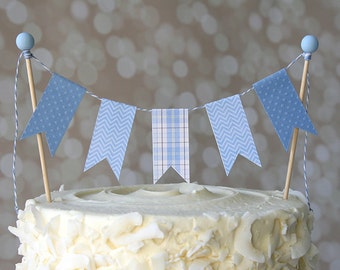 Baby Blue Plaid/Chevron Birthday Shower Cake Bunting Pennant Flag Cake Topper-MANY Colors to Choose From!  Birthday, Shower Cake Topper