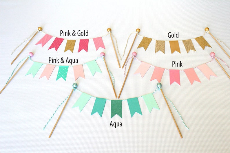 Birthday Wedding Aqua /& Gold Cake Bunting Pennant Flag Cake Topper-MANY Colors to Choose From Shower Cake Topper
