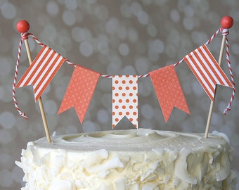 Coral Orange Polka Dot/Stripe Birthday Cake Bunting Pennant Flag Cake Topper-MANY Colors to Choose From!  Birthday, Shower Cake Topper