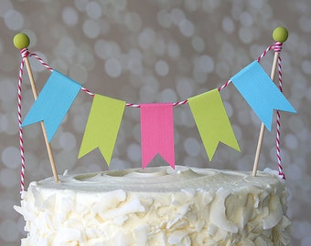 Neon Pink, Lime, Blue Birthday Cake Bunting Pennant Flag Cake Topper-MANY Colors to Choose From!  Birthday, Shower Cake Topper
