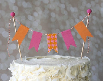 Hot Pink and Orange Birthday Cake Bunting Pennant Flag Cake Topper-MANY Colors to Choose From!  Birthday, Shower Cake Topper