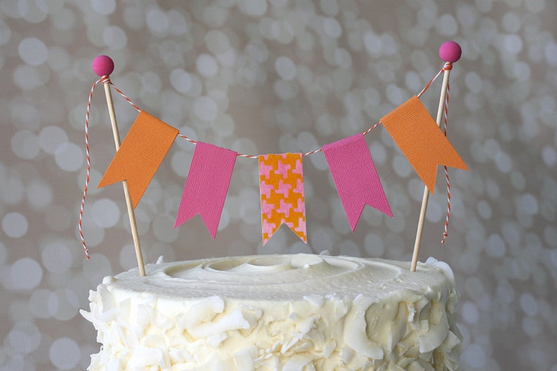 Hot Pink and Orange Birthday Cake Bunting Pennant Flag Cake Topper-MANY Colors to Choose From Birthday, Shower Cake Topper image 1