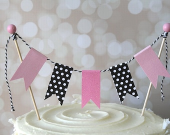 Pink & Black Cake Bunting Pennant Flag Cake Topper-MANY Colors to Choose From!  Birthday, Wedding, Shower Cake Topper