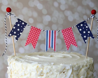 Red, White & Blue Patriotic 4th of July Cake Bunting Pennant Flag Cake Topper-MANY Colors to Choose From!  Birthday, Shower Cake Topper