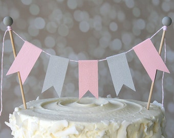 Pink & Grey Shower Cake Bunting Pennant Flag Cake Topper-MANY Colors to Choose From!  Birthday, Shower Cake Topper