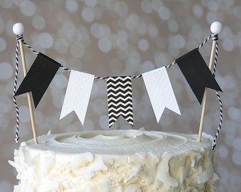 Black and White Chevron Birthday Cake Bunting Pennant Flag Cake Topper-MANY Colors to Choose From!  Birthday, Shower Cake Topper