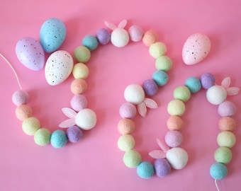 HOPPY EASTER Felt Balls Garland, Pastel Rainbow Bunting, Party Banner-Easter Bunny, Easter Bunnies, Peter Cottontail, Pastel Easter Decor