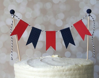 Preppy Nautical Navy Blue & Red Birthday Cake Bunting Pennant Flag Cake Topper-MANY Colors to Choose From!  Birthday, Shower Cake Topper
