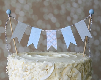 Light Blue & Grey Modern Geo Print Birthday Cake Bunting Pennant Flag Cake Topper-MANY Colors to Choose From!  Birthday, Shower Cake Topper
