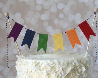 Rainbow Art Party Cake Bunting Pennant Flag Cake Topper-MANY Colors to Choose From!  Birthday, Wedding, Shower Cake Topper
