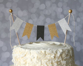 New Year's Eve Metallic Black Gold Silver Cake Bunting Pennant Flag Cake Topper-POP, FIZZ, CLINK!-Birthday, Wedding