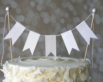 White Glitter Cake Bunting Pennant Flag Cake Topper-Birthday, Wedding, Shower, Baptism, Christening, Anniversary Cake Topper