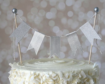 Silver Cake Bunting Pennant Flag Cake Topper-MANY Colors to Choose From!  Birthday, Wedding, Baptism, Christening, Shower Cake Topper