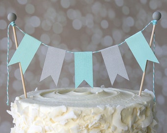 Aqua & Grey Birthday Shower Cake Bunting Pennant Flag Cake Topper-MANY Colors to Choose From!  Birthday, Shower Cake Topper