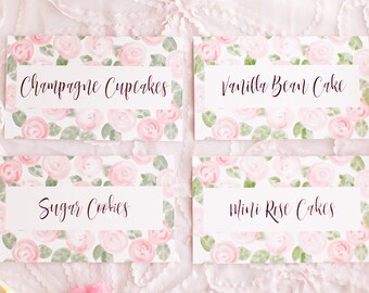 Blush Pink + Green Mother's Day Brunch Food Labels (6), Bridal Wedding Shower, Baby Shower, Garden Party Pink Watercolor Flower Floral Peony
