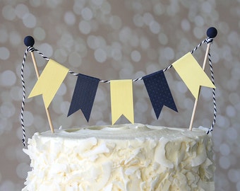 Preppy Nautical Navy Blue & Yellow Birthday Cake Bunting Pennant Flag Cake Topper-MANY Colors to Choose From!  Birthday, Shower Cake Topper