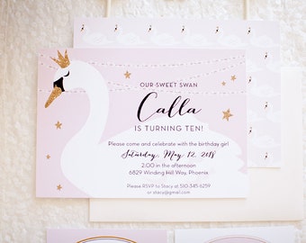 Sweet Swan Soirée Birthday Party Invitation Blush Pink with Gold Glitter Stars