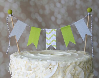 Lime Green & Grey Modern Geo Print Birthday Cake Bunting Pennant Flag Cake Topper-MANY Colors to Choose From!  Birthday, Shower Cake Topper