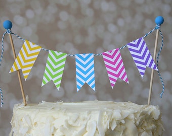 Neon Chevron Rainbow Birthday Cake Bunting Pennant Flag Cake Topper-MANY Colors to Choose From!  Birthday, Shower Cake Topper