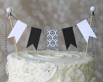 Black and White Damask Birthday Cake Bunting Pennant Flag Cake Topper-MANY Colors to Choose From!  Birthday, Shower Cake Topper