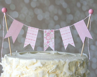 Pink Flower/Pink Polka Dot Baby Shower Cake Bunting Pennant Flag Cake Topper-MANY Colors to Choose From!  Birthday, Shower Cake Topper