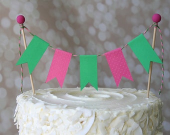 Preppy Hot Pink & Green Birthday Cake Bunting Pennant Flag Cake Topper-MANY Colors to Choose From!  Birthday, Shower Cake Topper