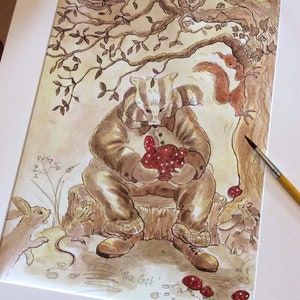 Badger, country home decor, country prints, country paintings, country art, farmhouse decor, Original ink painting by Leila Winslade,