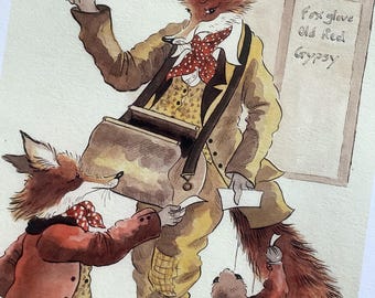 May include: Watercolor illustration of anthropomorphic foxes and a rabbit. The central fox figure, wearing a hat and suit, holds tickets. The sign reads "Foxy flutters DERBY." Other foxes and a rabbit are also present.